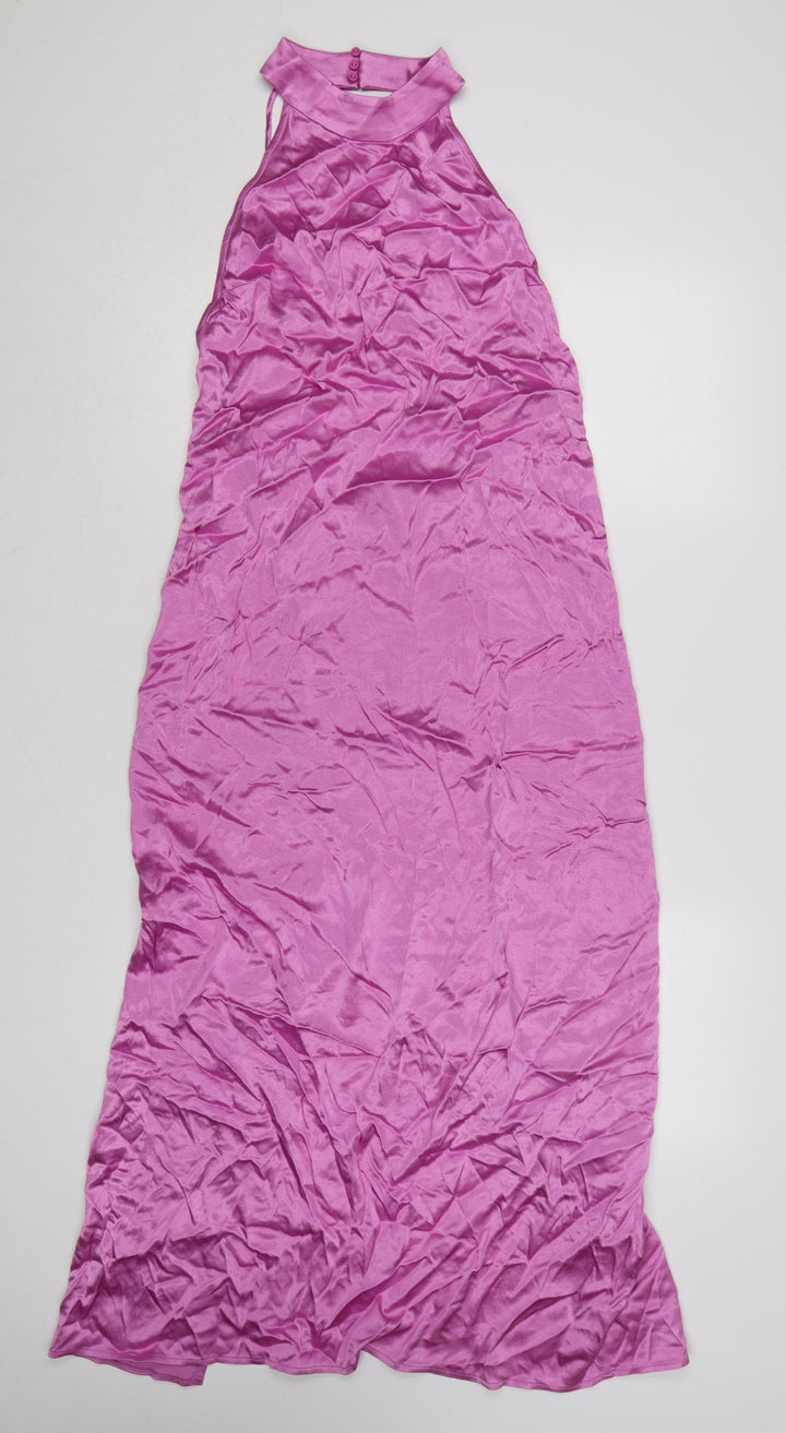 Zara Women Pink 12-14 Maxi Satin Backless Halter Party Dress