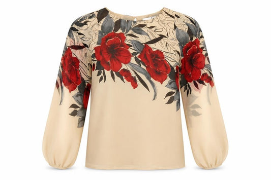 Rocha John Rocha Women Beige Floral Chiffon Balloon Sleeve Blouse UK 8