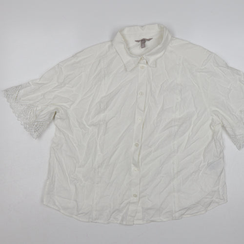H&M Women Ivory UK 16 Linen Blend Lace Flutter Sleeve Button-Up Blouse