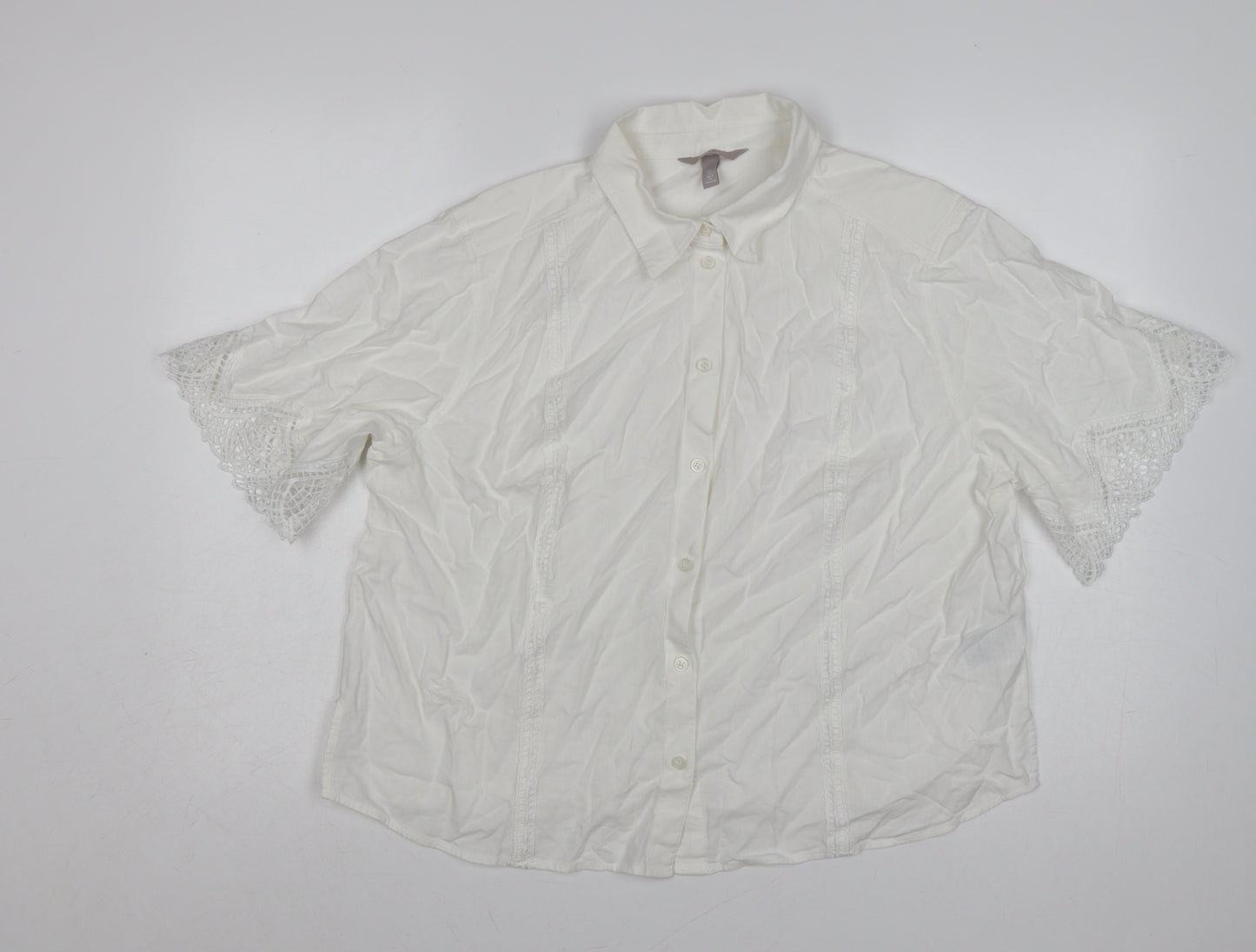 H&M Women Ivory UK 16 Linen Blend Lace Flutter Sleeve Button-Up Blouse