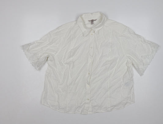 H&M Women Ivory UK 16 Linen Blend Lace Flutter Sleeve Button-Up Blouse