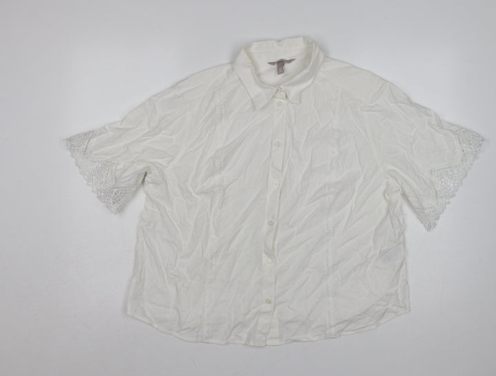 H&M Women Ivory UK 16 Linen Blend Lace Flutter Sleeve Button-Up Blouse