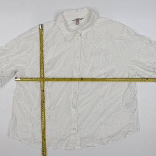 H&M Women Ivory UK 16 Linen Blend Lace Flutter Sleeve Button-Up Blouse