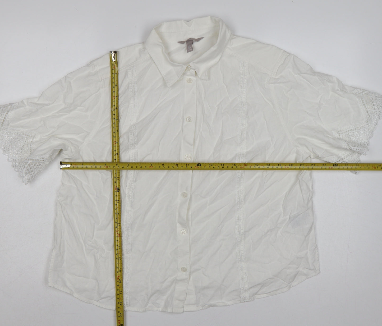 H&M Women Ivory UK 16 Linen Blend Lace Flutter Sleeve Button-Up Blouse