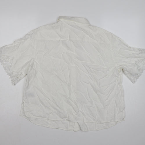 H&M Women Ivory UK 16 Linen Blend Lace Flutter Sleeve Button-Up Blouse