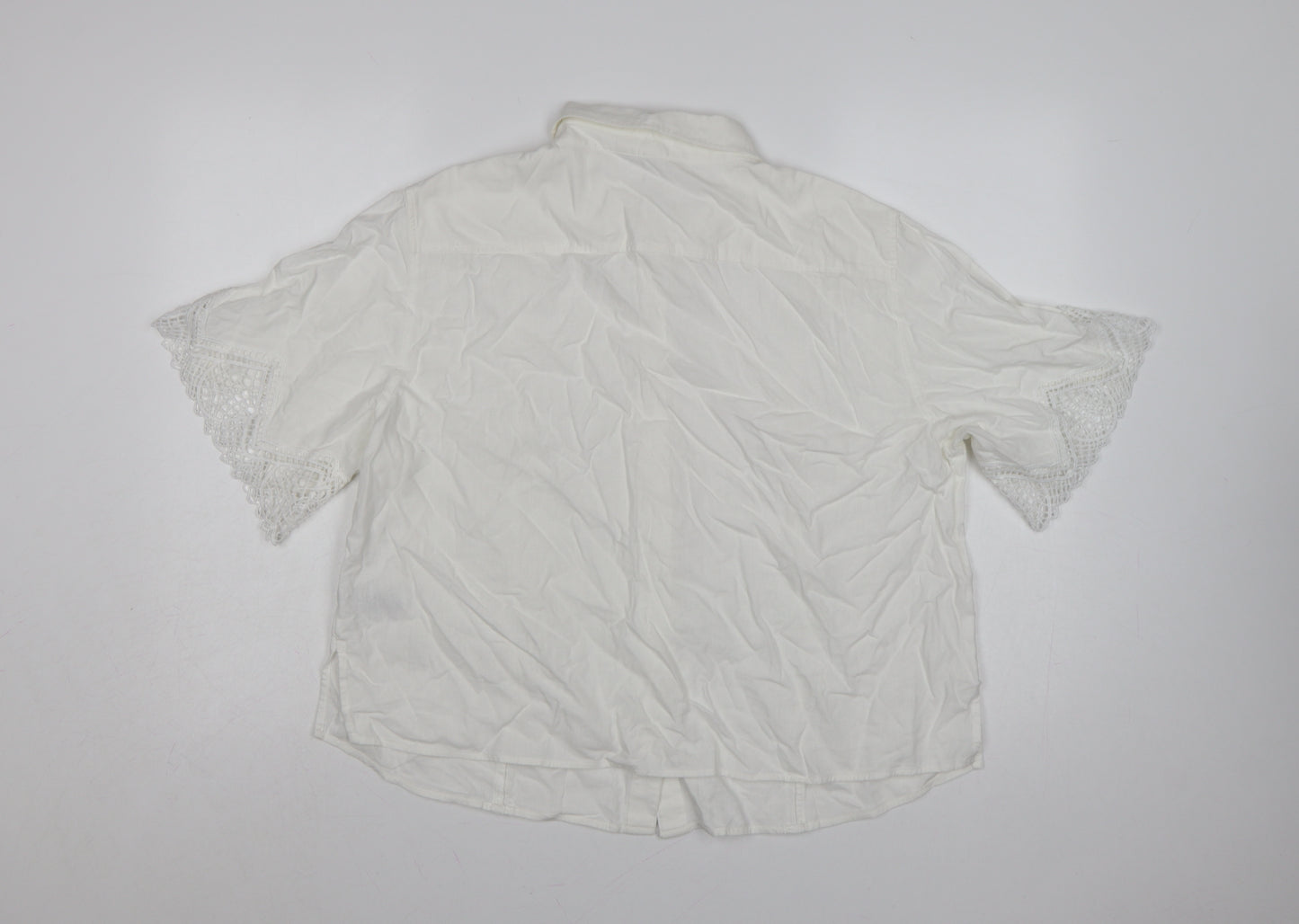 H&M Women Ivory UK 16 Linen Blend Lace Flutter Sleeve Button-Up Blouse