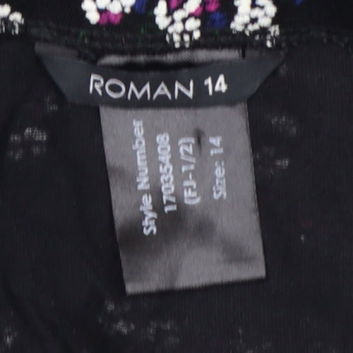 Roman Women Black Floral A-Line Midi Skirt UK 14 Stretch Jersey