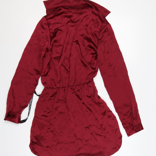 PrettyLittleThing Women Red UK 8 Satin Tie Waist Shirt Dress
