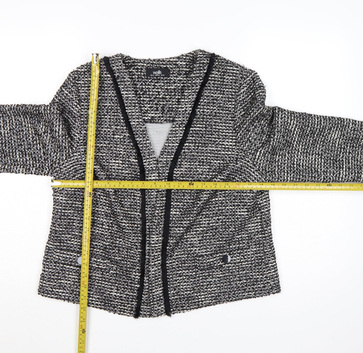Wallis Women Black & White Bouclé Blazer UK 14 Check Open Front