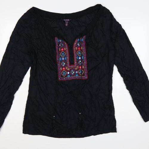 Long Tall Sally Women Black UK 12 Embroidered Aztec Tassel Tunic Blouse