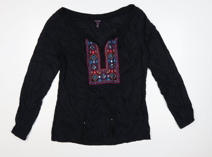 Long Tall Sally Women Black UK 12 Embroidered Aztec Tassel Tunic Blouse