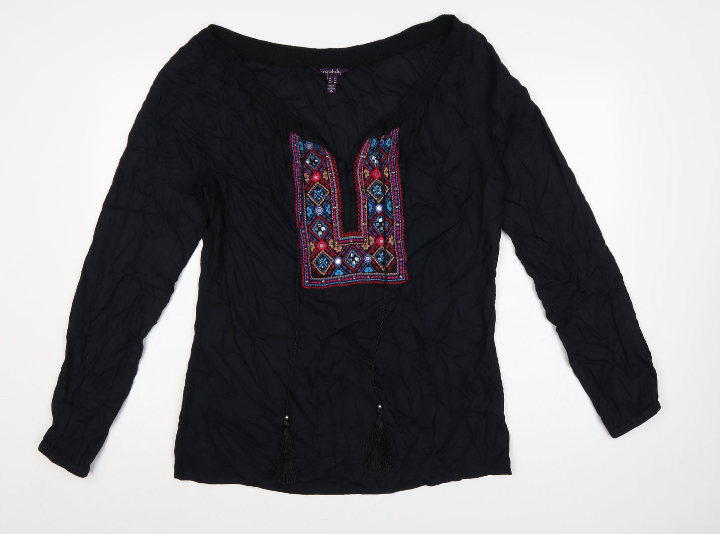 Long Tall Sally Women Black UK 12 Embroidered Aztec Tassel Tunic Blouse