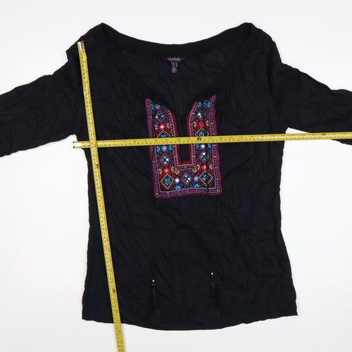 Long Tall Sally Women Black UK 12 Embroidered Aztec Tassel Tunic Blouse