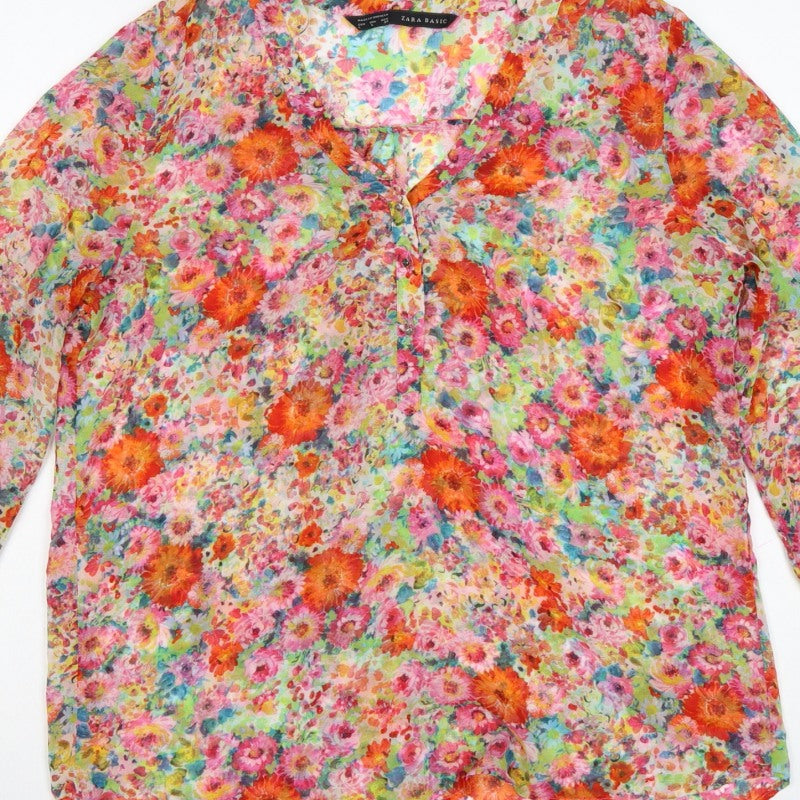 Zara Basic Women Multicoloured L Floral Sheer Long Sleeve Blouse