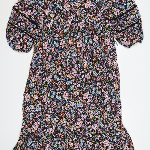 M&S Women Black Floral Fit & Flare Long Dress UK 20 Balloon Sleeve