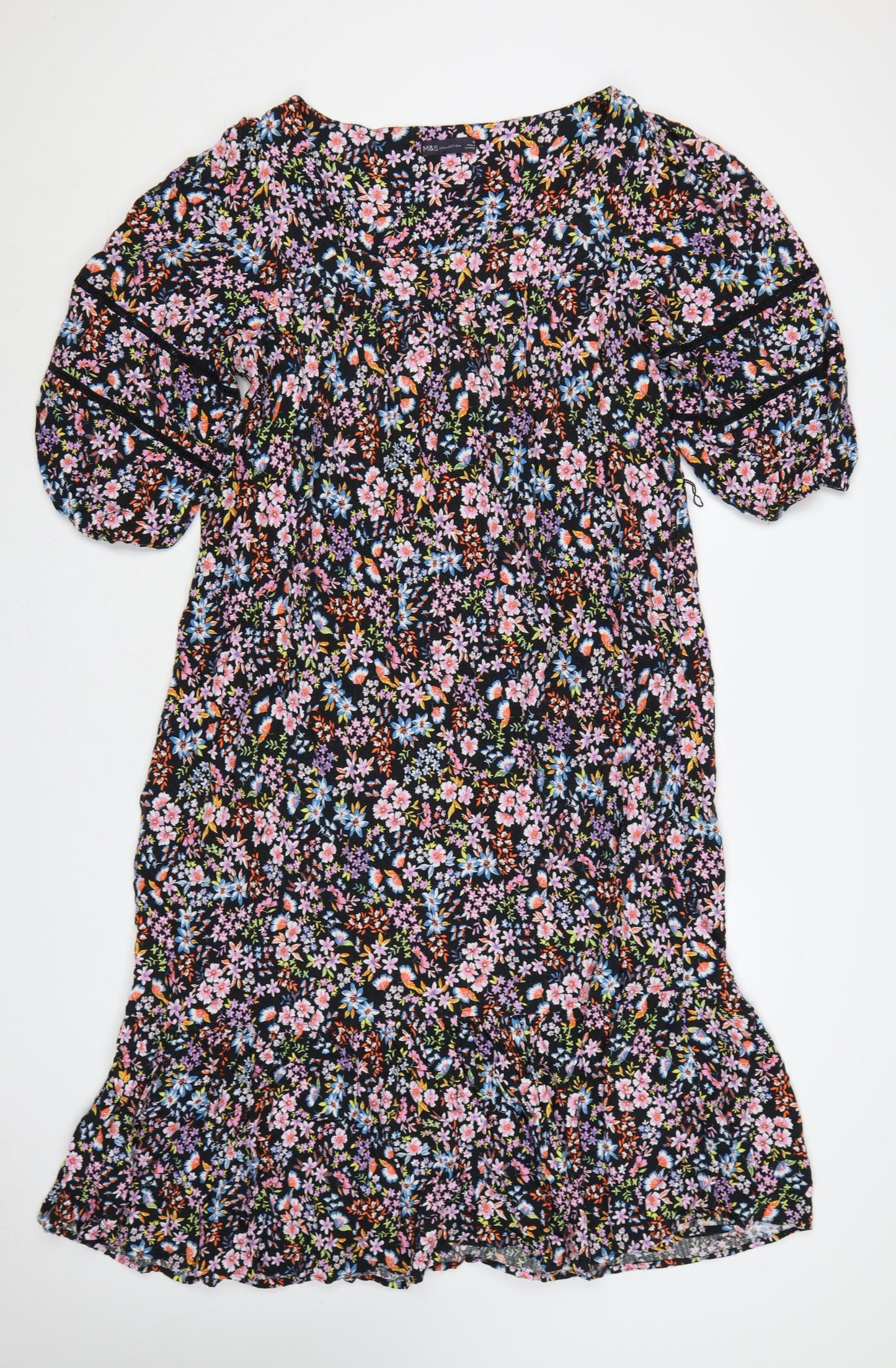 M&S Women Black Floral Fit & Flare Long Dress UK 20 Balloon Sleeve