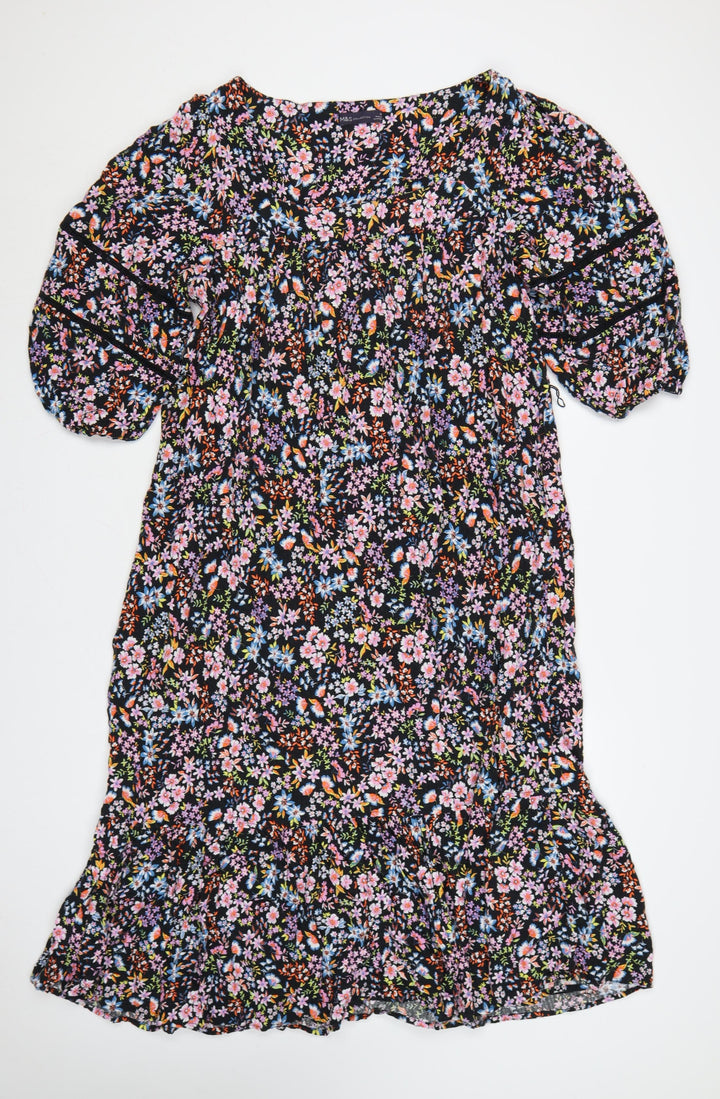M&S Women Black Floral Fit & Flare Long Dress UK 20 Balloon Sleeve