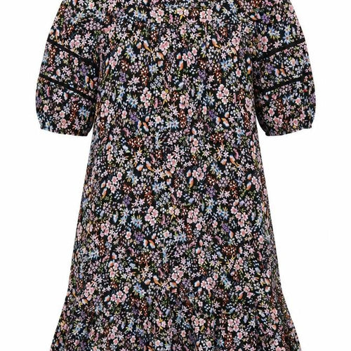 M&S Women Black Floral Fit & Flare Long Dress UK 20 Balloon Sleeve