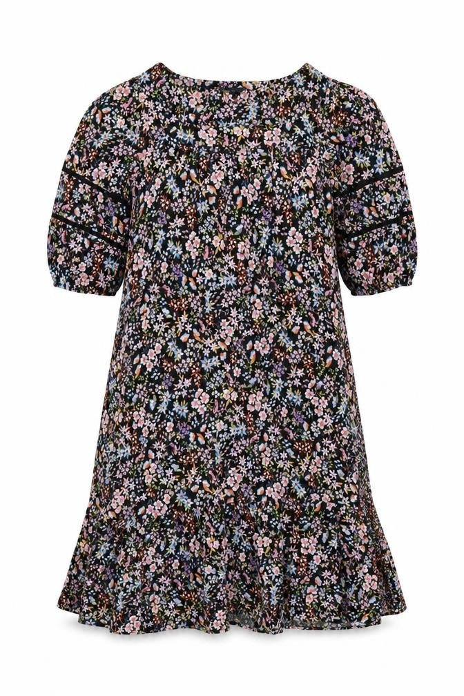 M&S Women Black Floral Fit & Flare Long Dress UK 20 Balloon Sleeve