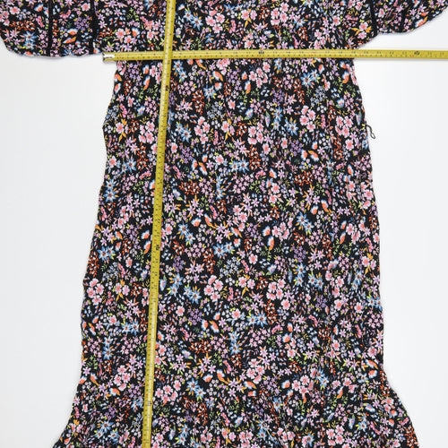 M&S Women Black Floral Fit & Flare Long Dress UK 20 Balloon Sleeve