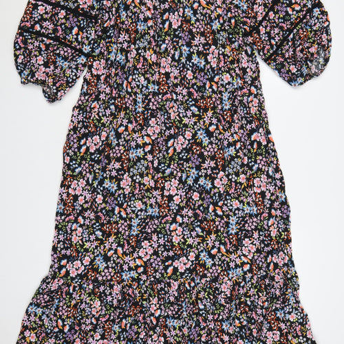 M&S Women Black Floral Fit & Flare Long Dress UK 20 Balloon Sleeve