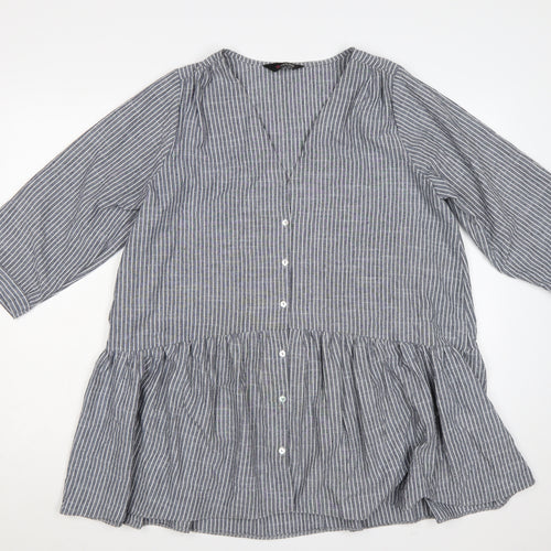 Yours Women Grey White Striped Cotton Tunic Blouse Size 16 3/4 Sleeve