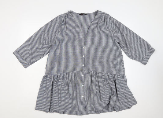 Yours Women Grey White Striped Cotton Tunic Blouse Size 16 3/4 Sleeve