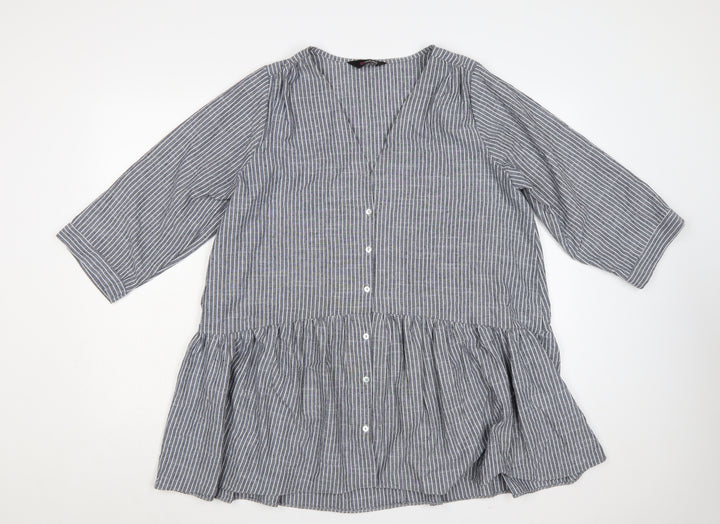 Yours Women Grey White Striped Cotton Tunic Blouse Size 16 3/4 Sleeve