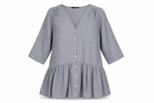 Front view of Yours Women Grey White Striped Cotton Tunic Blouse, size 16, 3/4 Sleeve