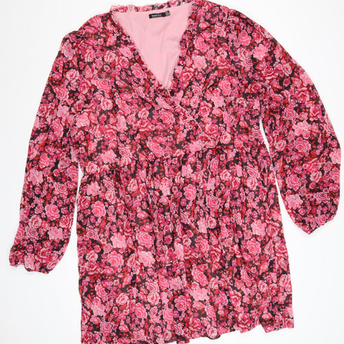 Boohoo Women’s Pink Floral Wrap Dress UK 20 Plus Long Sleeve
