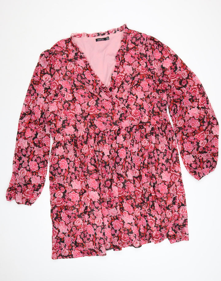 Boohoo Women’s Pink Floral Wrap Dress UK 20 Plus Long Sleeve