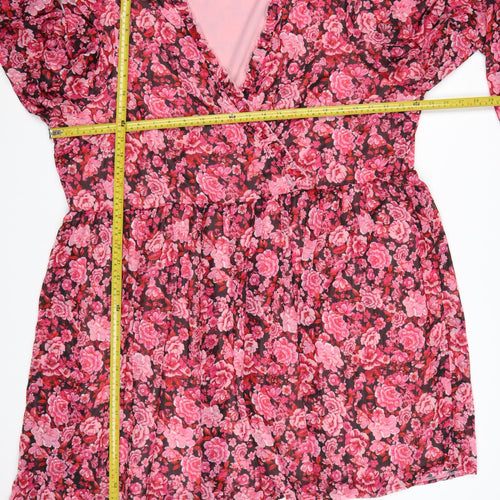 Boohoo Women’s Pink Floral Wrap Dress UK 20 Plus Long Sleeve