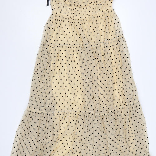 Vestique Women Beige Black Polka Dot M Maxi Tiered Mesh Dress