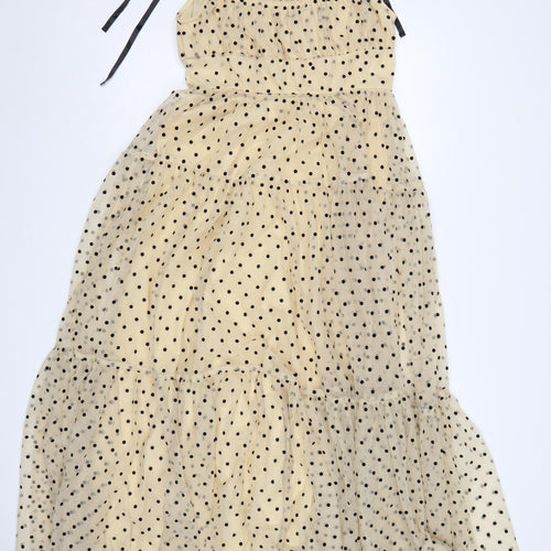 Vestique Women Beige Black Polka Dot M Maxi Tiered Mesh Dress