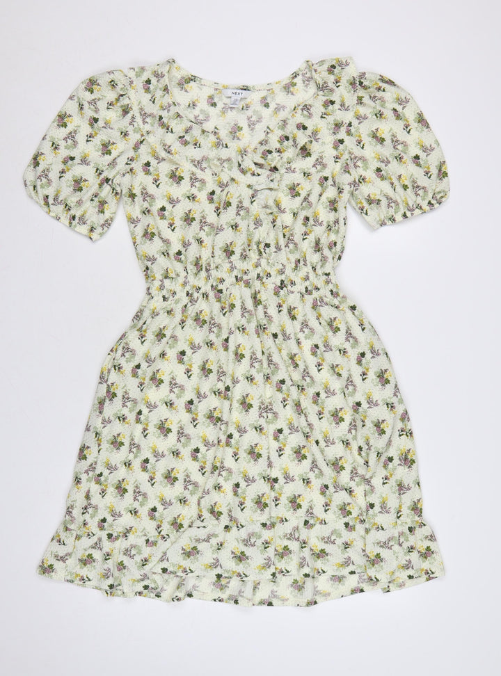 Next Women Green Floral UK 12 Fit & Flare Knee Length Smocked Dress