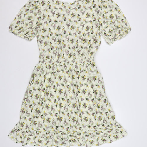 Next Women Green Floral UK 12 Fit & Flare Knee Length Smocked Dress