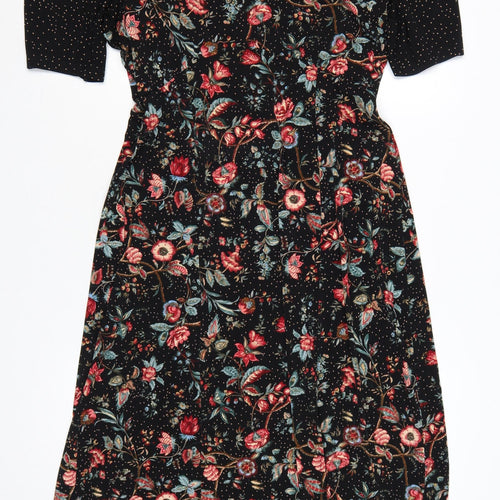 Oasis Women Black Floral Midi Fit & Flare Dress UK 14 L Stretch