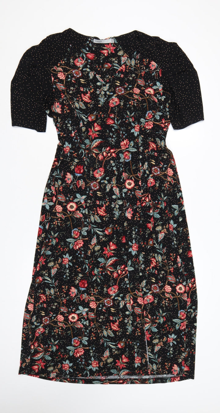 Oasis Women Black Floral Midi Fit & Flare Dress UK 14 L Stretch