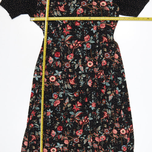 Oasis Women Black Floral Midi Fit & Flare Dress UK 14 L Stretch
