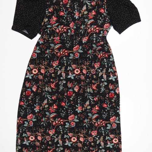 Oasis Women Black Floral Midi Fit & Flare Dress UK 14 L Stretch