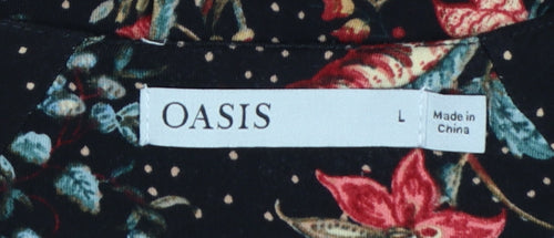 Oasis Women Black Floral Midi Fit & Flare Dress UK 14 L Stretch