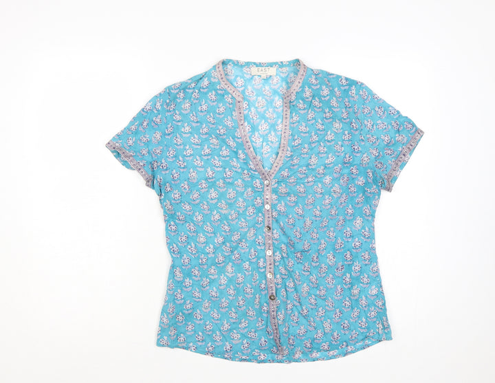 East Lifestyle Women’s Blue Floral Cotton Button-Up Blouse UK 12