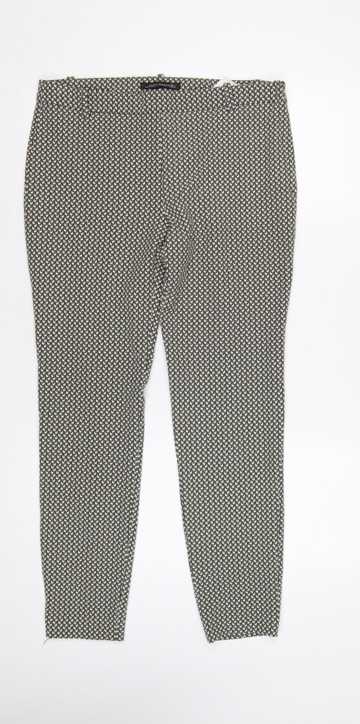 Zara Women Black Ivory Geometric Tapered Dress Trousers UK 12