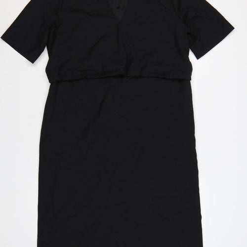 Zara Women Black XL Wool Blend V-Neck Half Sleeve Long Sheath Dress