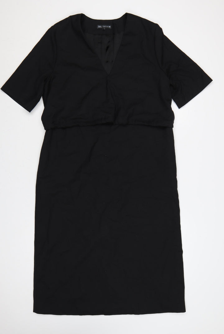 Zara Women Black XL Wool Blend V-Neck Half Sleeve Long Sheath Dress