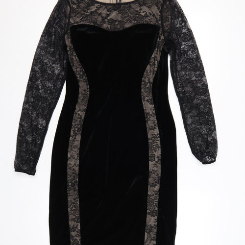 M&S Women Black UK 12 Velvet Lace Bodycon Knee Dress