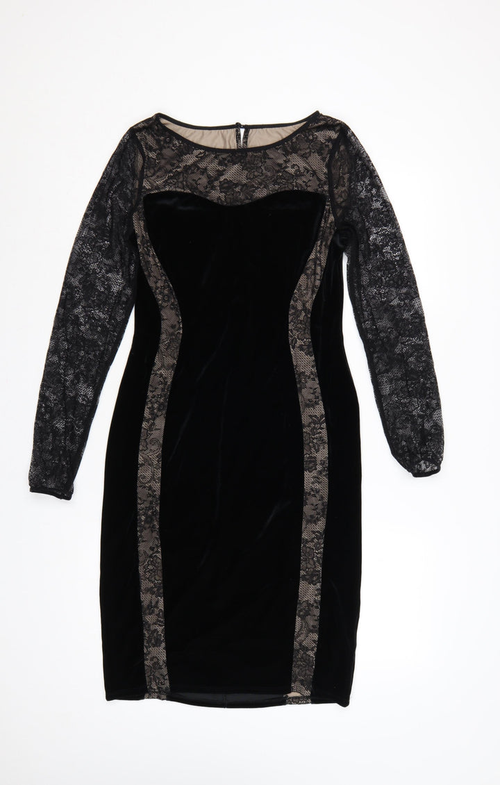 M&S Women Black UK 12 Velvet Lace Bodycon Knee Dress