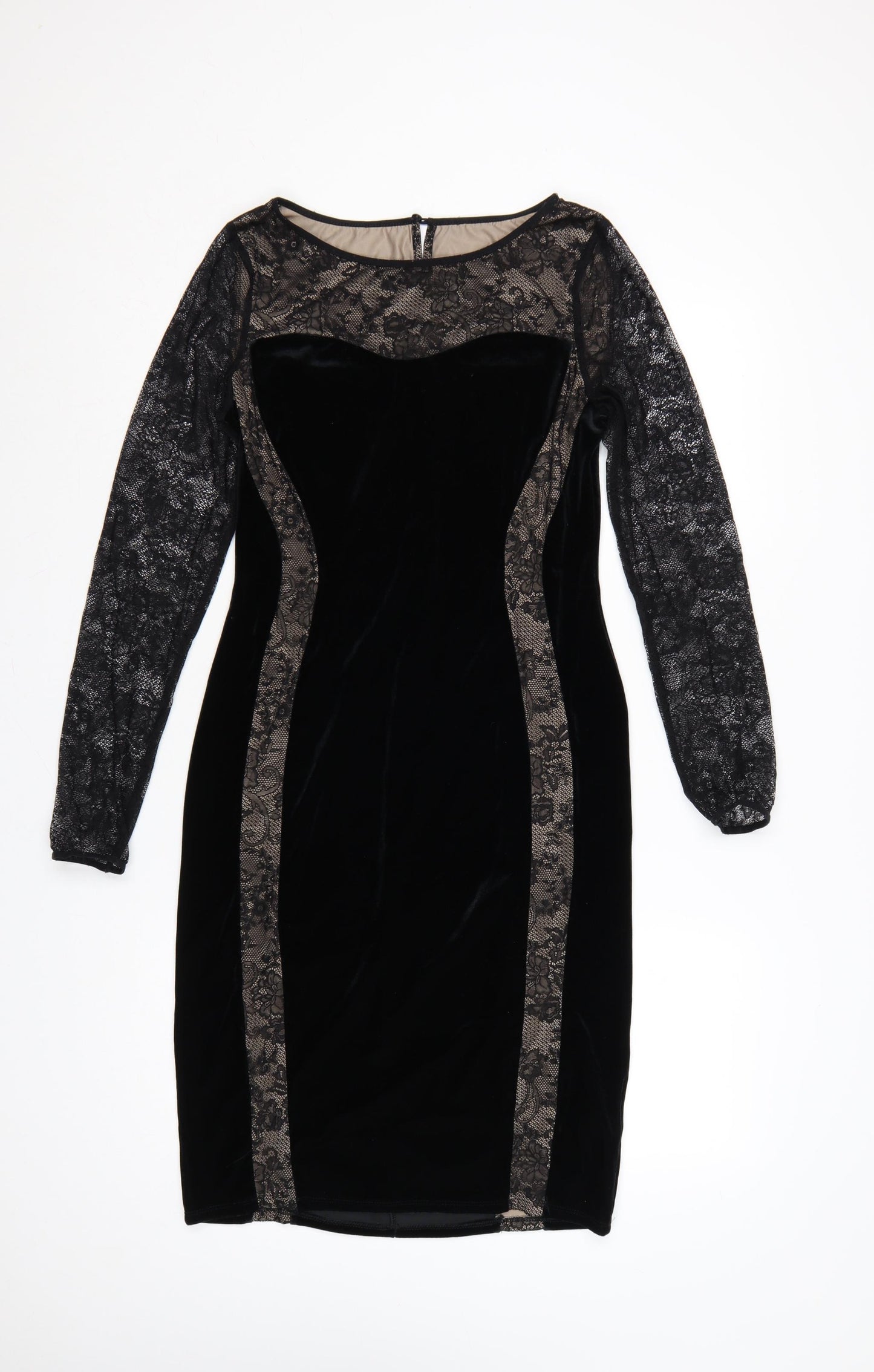 M&S Women Black UK 12 Velvet Lace Bodycon Knee Dress