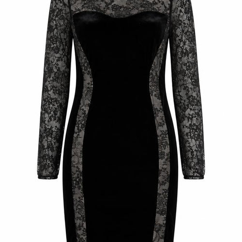 M&S Women Black UK 12 Velvet Lace Bodycon Knee Dress
