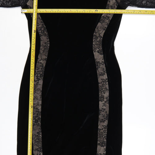M&S Women Black UK 12 Velvet Lace Bodycon Knee Dress